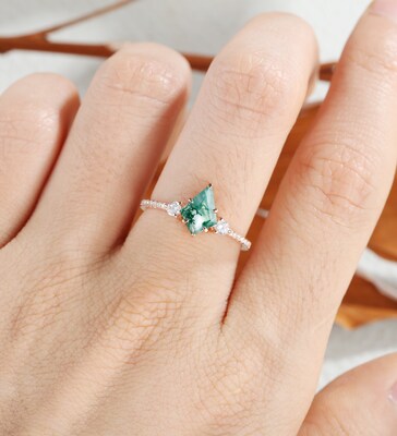 Kite cut moss agate engagement ring, rose gold wedding ring, anniversary moissanite cubic zirconia bridal ring, vintage Valentines Day gift - image5